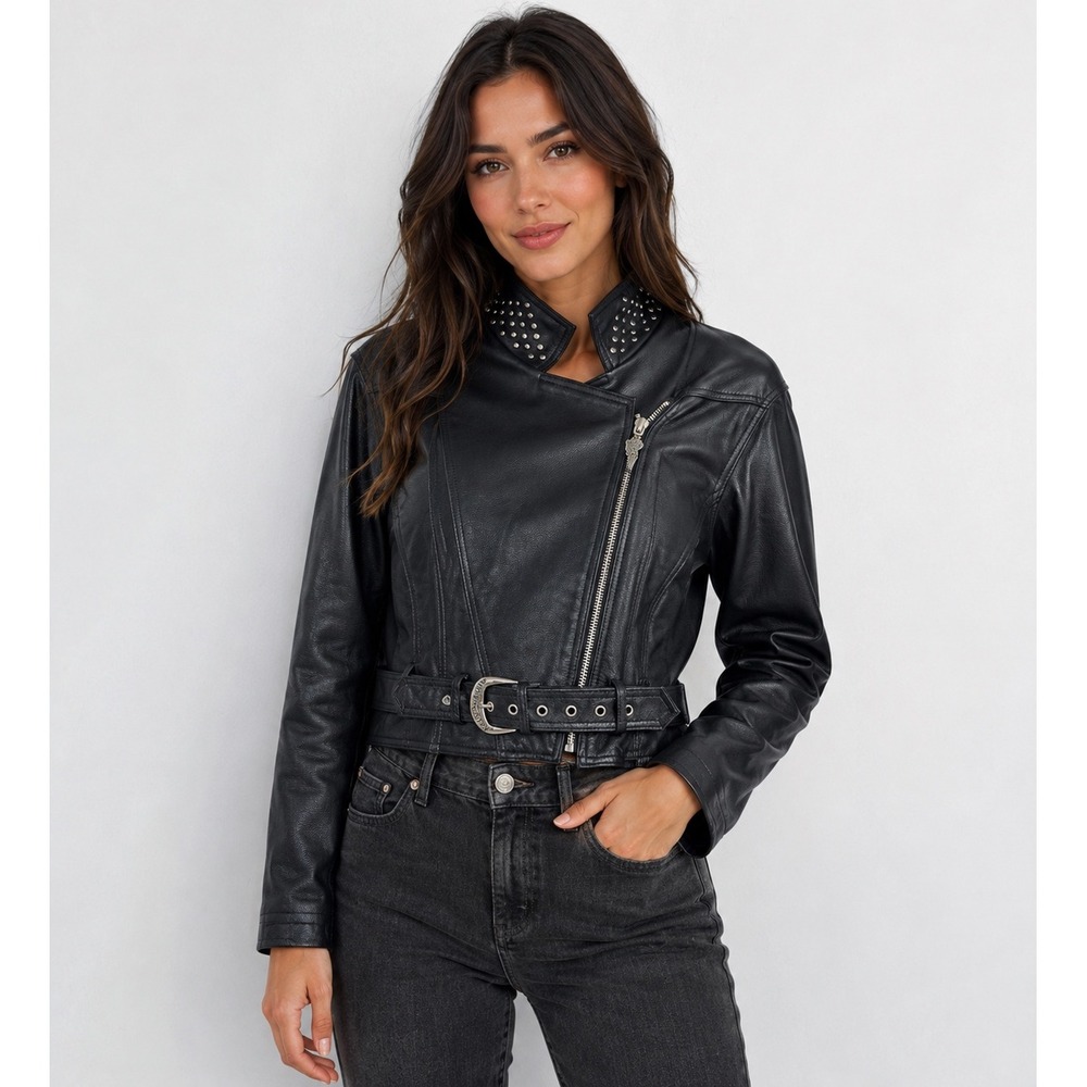 Harley-Davidson Womens Black Leather Studded Belted Moto Biker Jacket Cropped